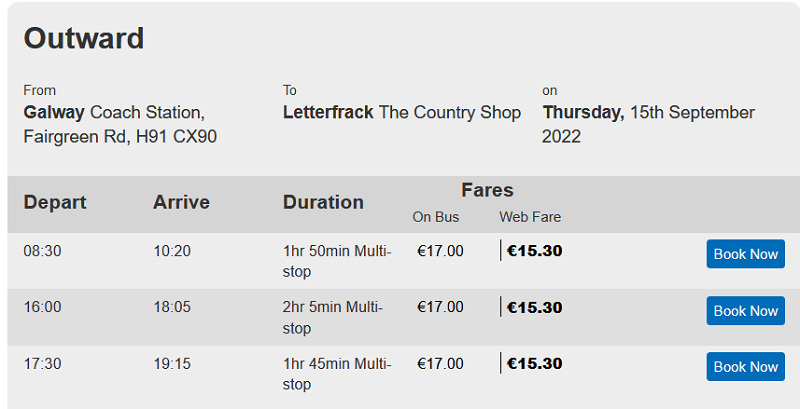 costo di un biglietto autobus per il Connemara da Galway, sola andata