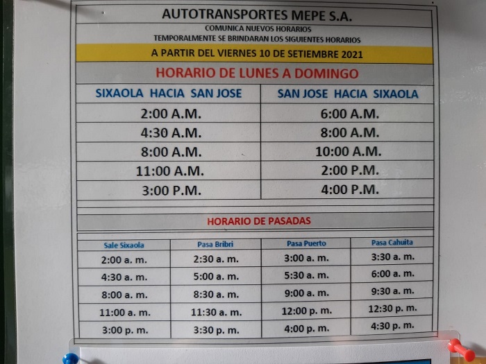 orari bus da San Jose a Sixaola. Fermano a Puerto Viejo.